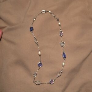 Kate Spade Silver Pearl and Purple Gemstone Station Necklace - Women Jewelry